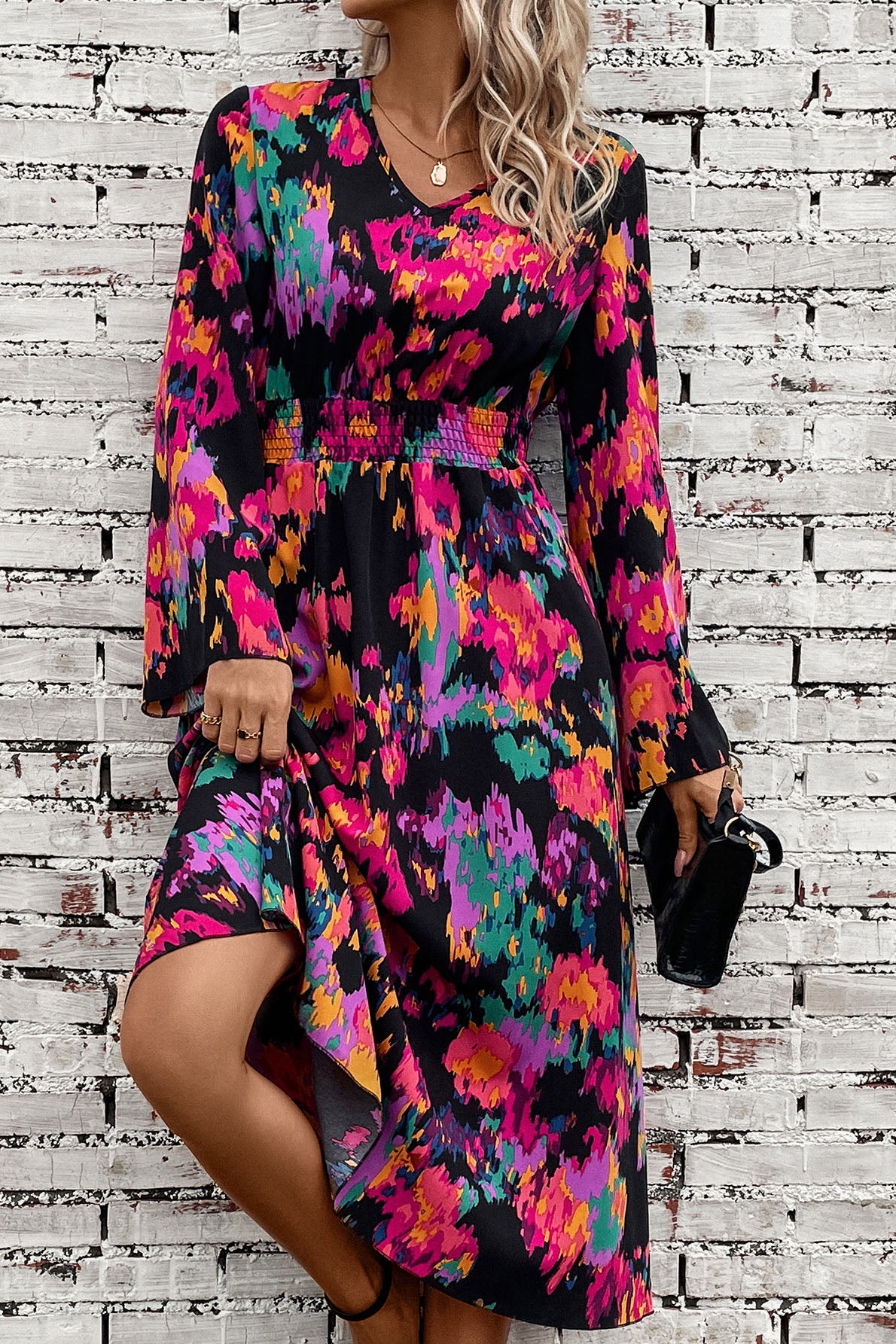 Printed Smocked Waist Midi Dress