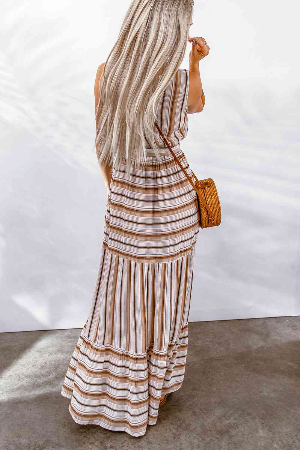 Striped Tie Waist Slit Sleeveless Dress