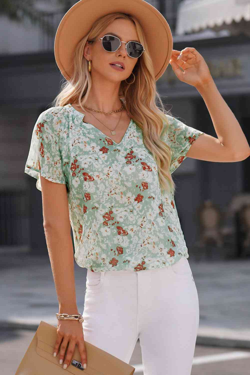 Floral Notched Neck Flutter Sleeve Blouse