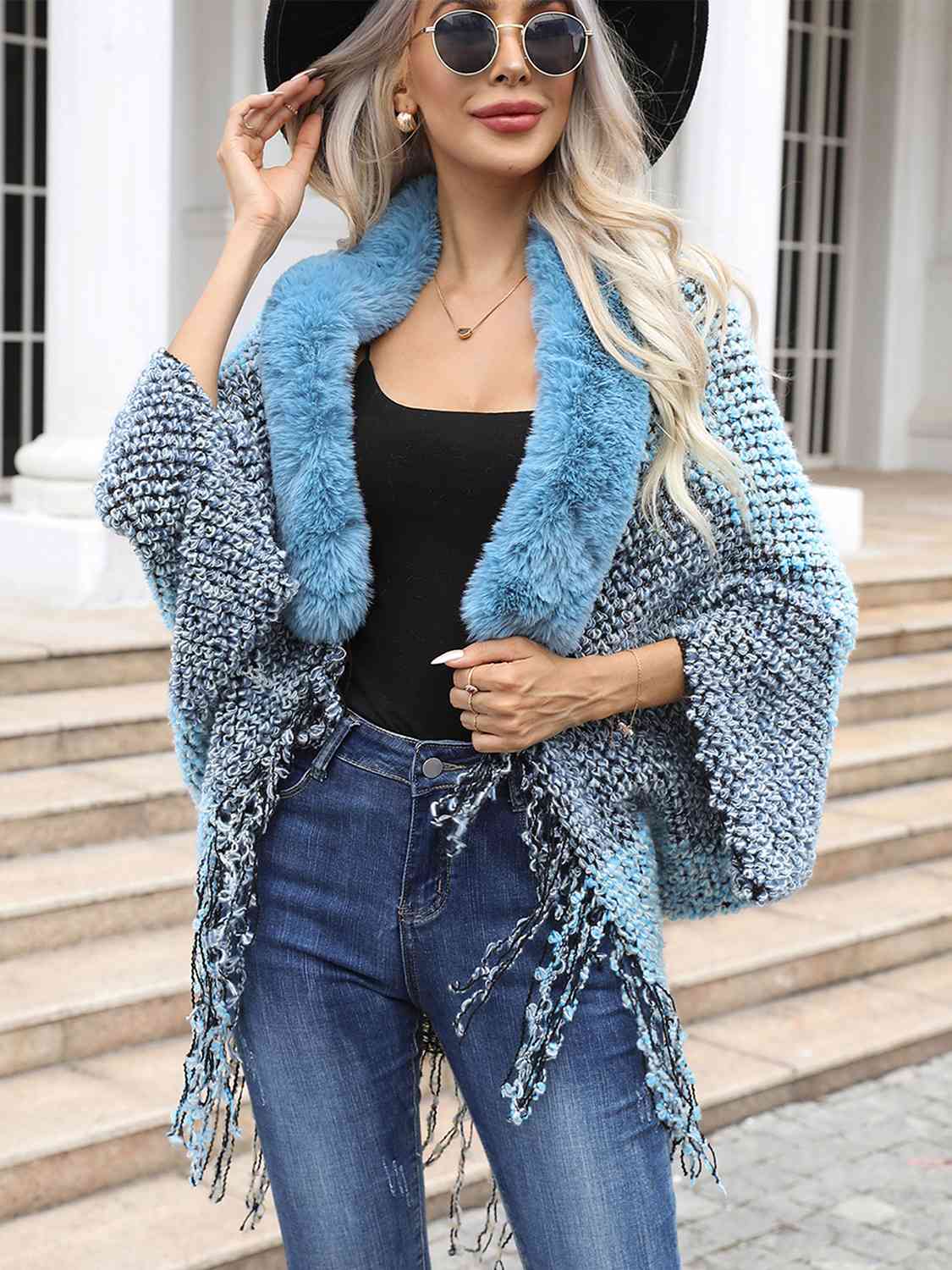 Color Block Open Front Fringe Hem Poncho