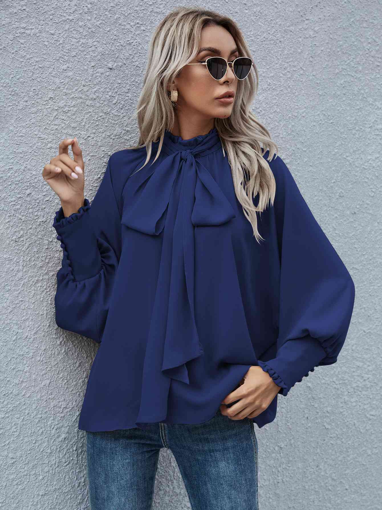 Mock Neck Lantern Sleeve Tie Front Blouse