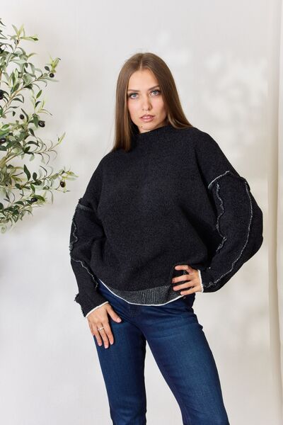 Zenana Exposed Seam Mock Neck Long Sleeve Blouse