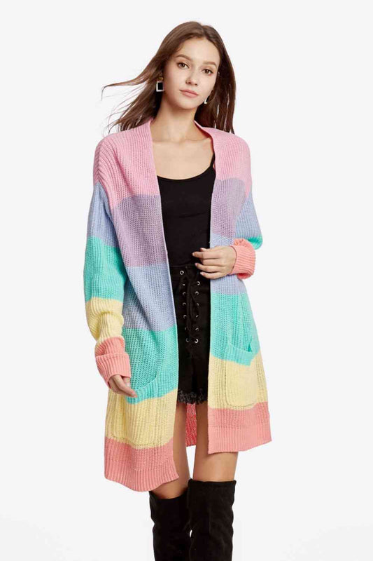 Color Block Open Front Drop Shoulder Cardigan with Pockets