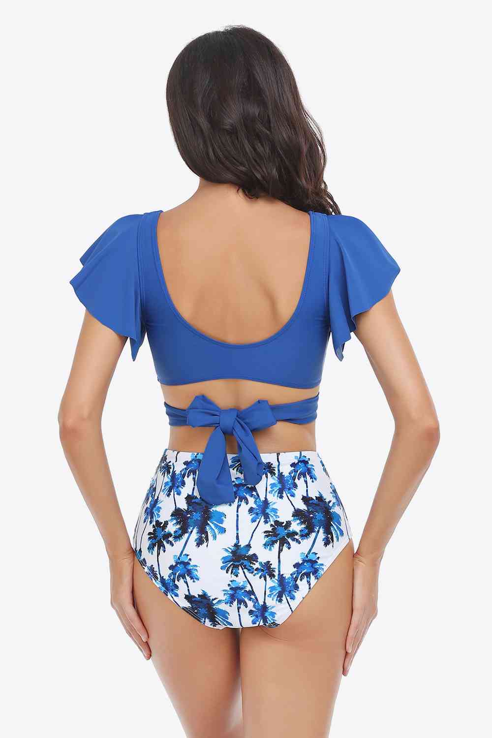 Two-Tone Flutter Sleeve Tied Two-Piece Swimsuit