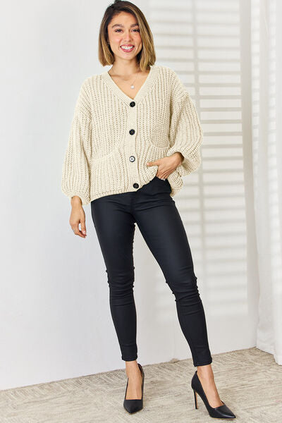 Pocketed Button Up Dropped Shoulder Cardigan