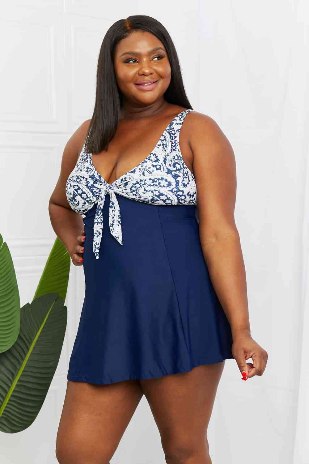 Marina West Swim Full Size Sail With Me V-Neck Swim Dress in Paisley Navy