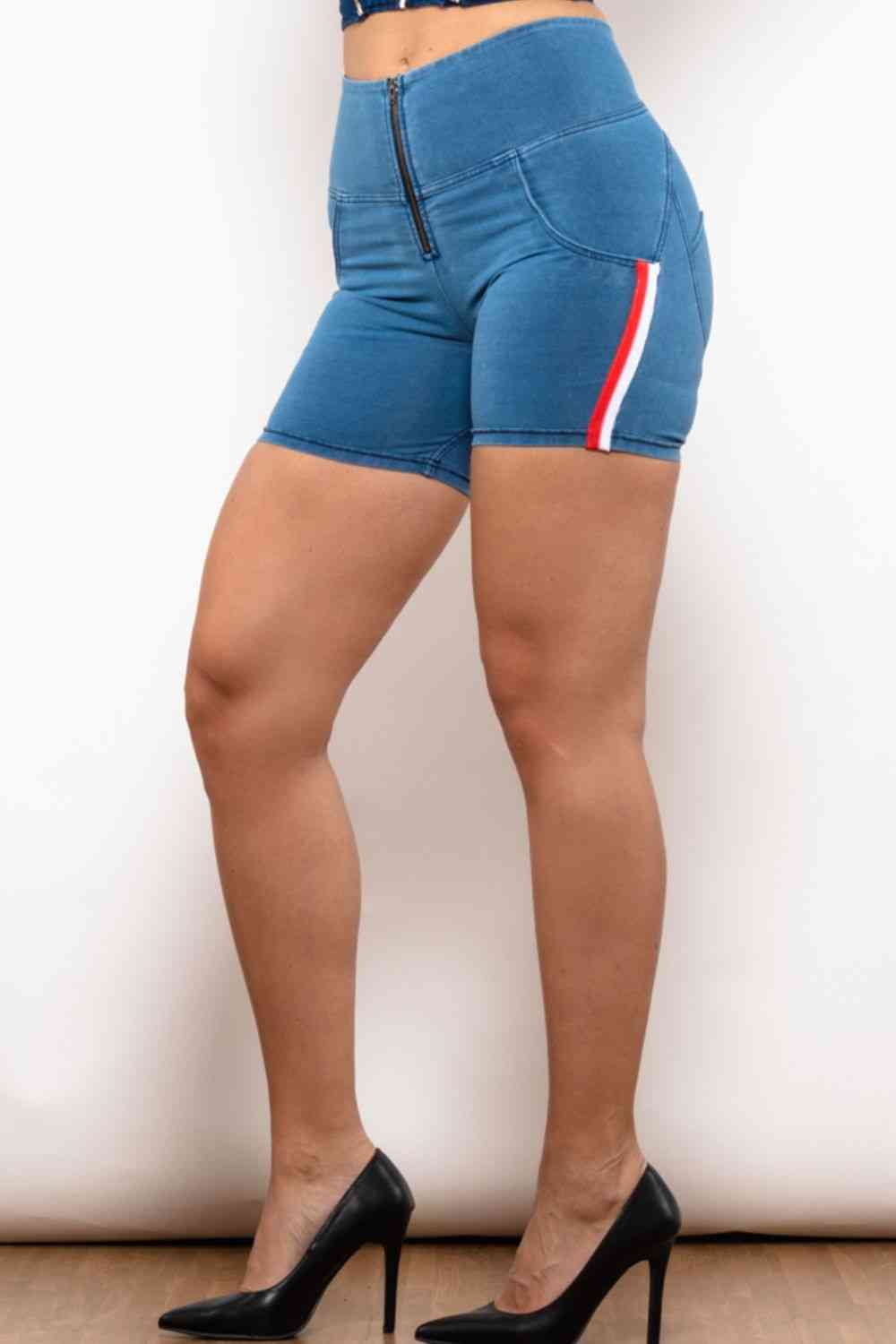 Full Size Side Stripe Zip Closure Denim Shorts