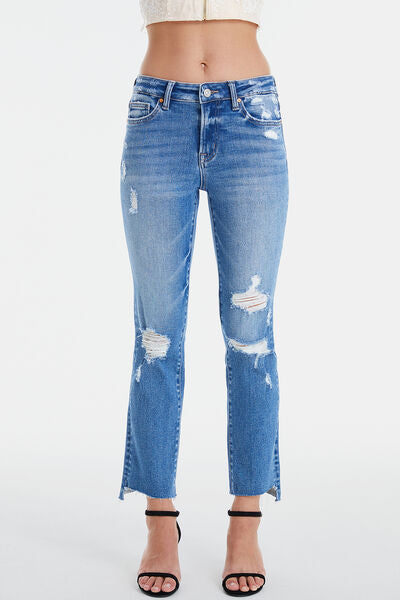 BAYEAS Full Size Mid Waist Distressed Ripped Straight Jeans