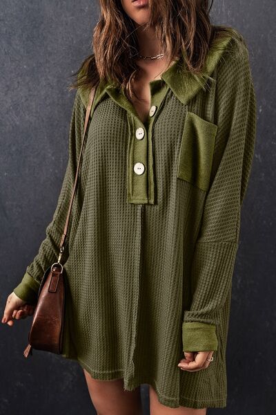 Waffle Knit Buttoned Long Sleeve Top with Breast Pocket