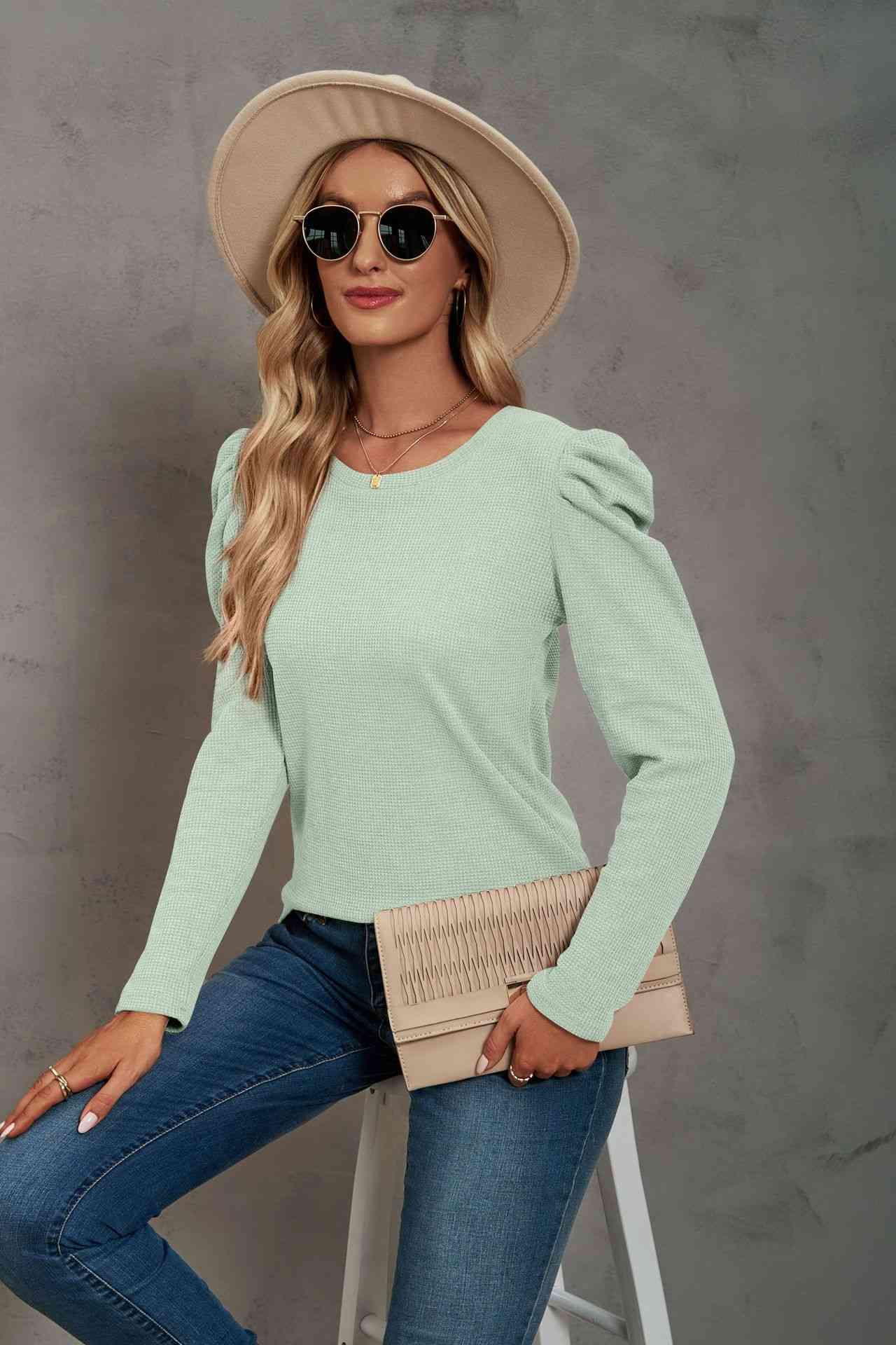 Waffle-Knit Puff Sleeve Round Neck Top