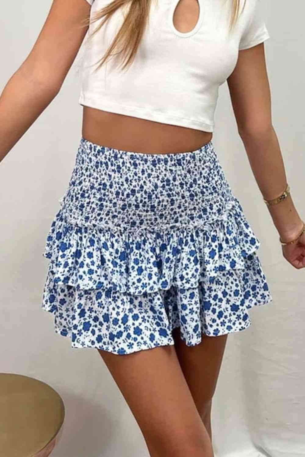 Printed Frill Trim Smocked Mini Skirt