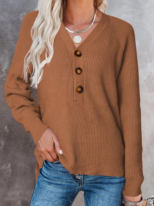 Half Button Long Sleeve Knit Top