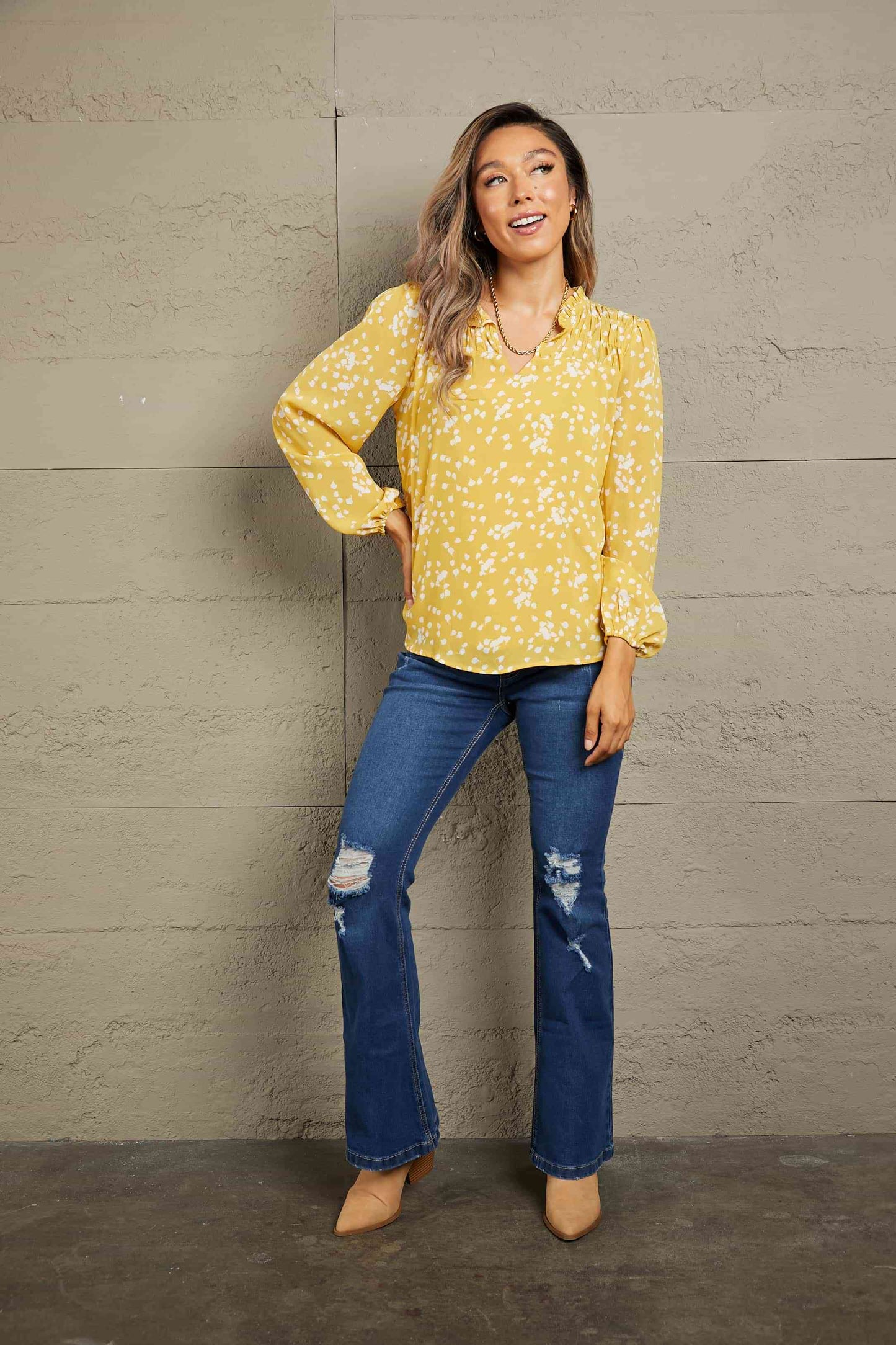 Double Take Printed Notched Neck Smocked Blouse