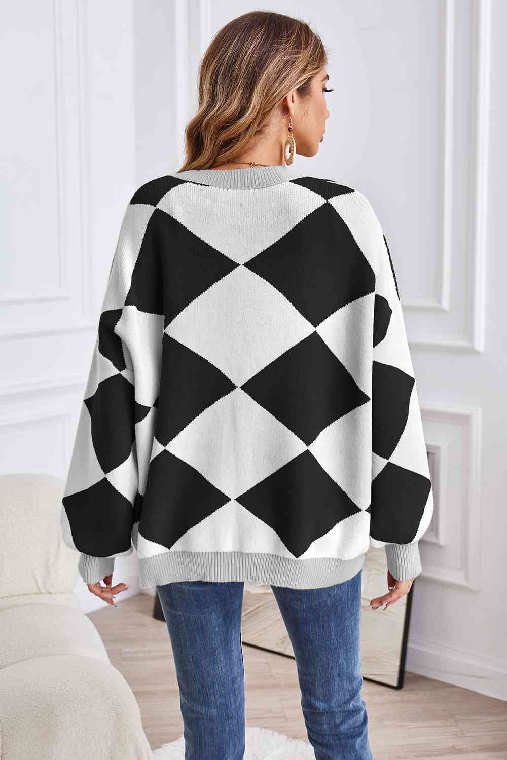 Geometric Lantern Sleeve Cardigan with Pockets