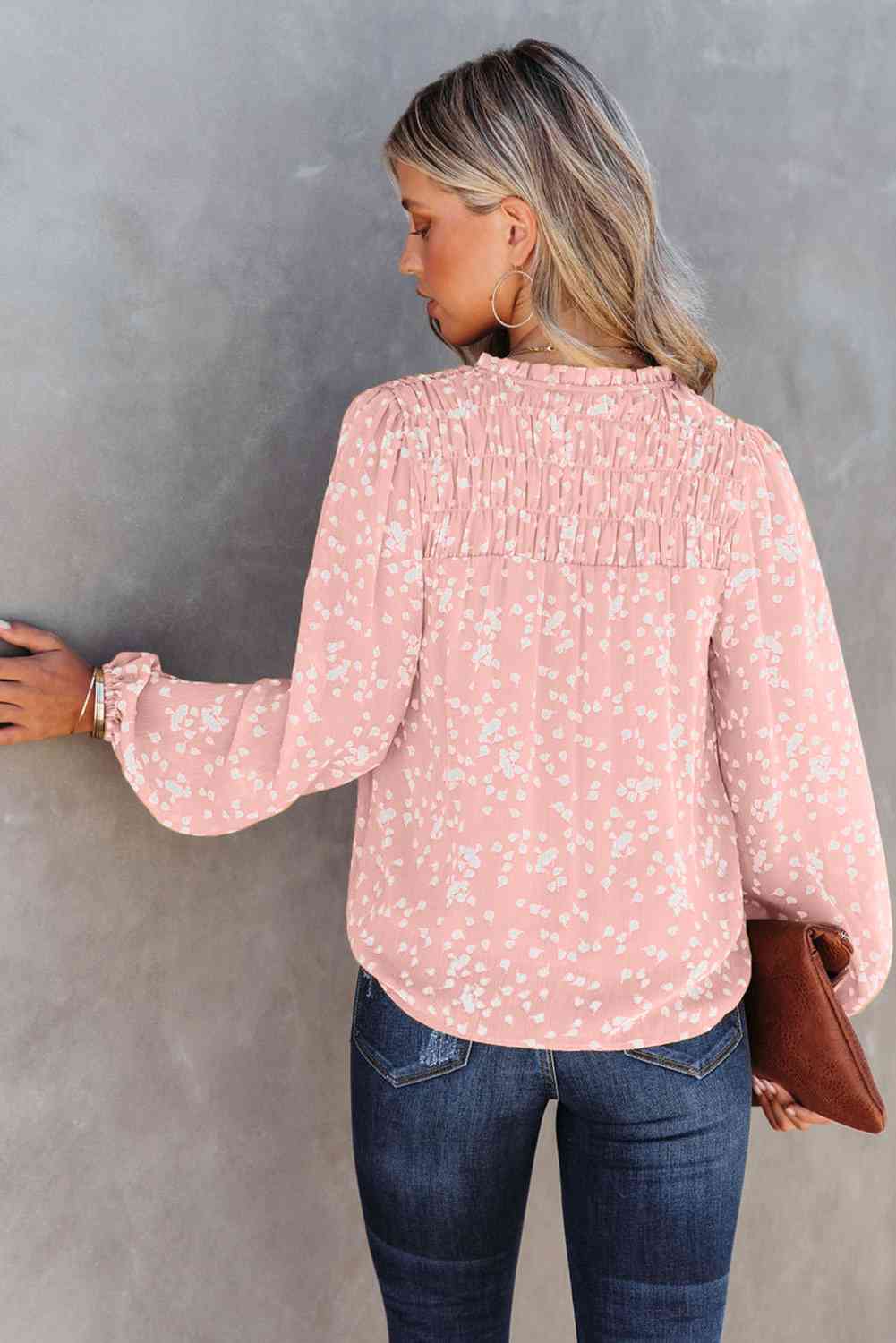 Double Take Printed Notched Neck Smocked Blouse