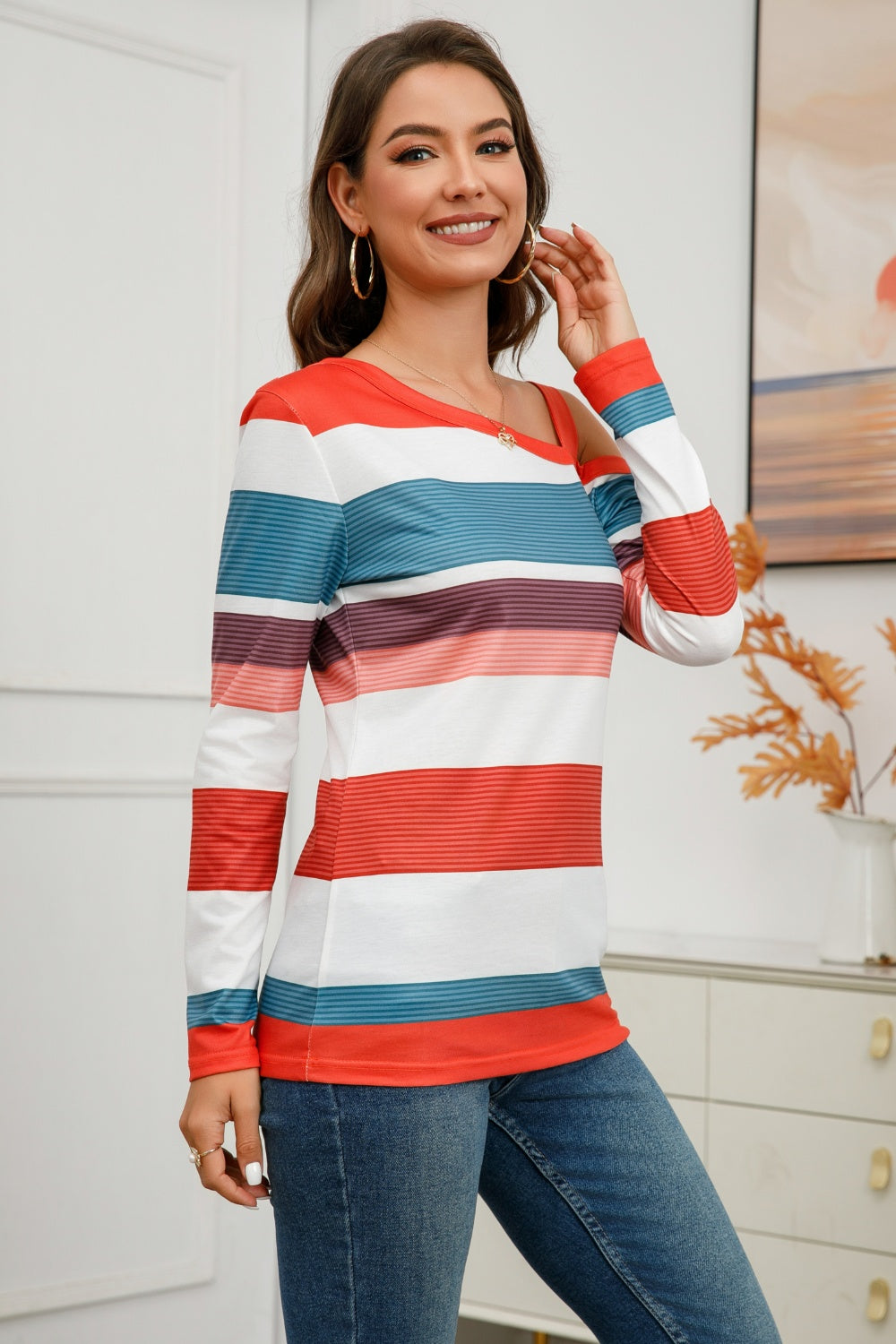 Striped Asymmetrical Neck Long Sleeve T-Shirt