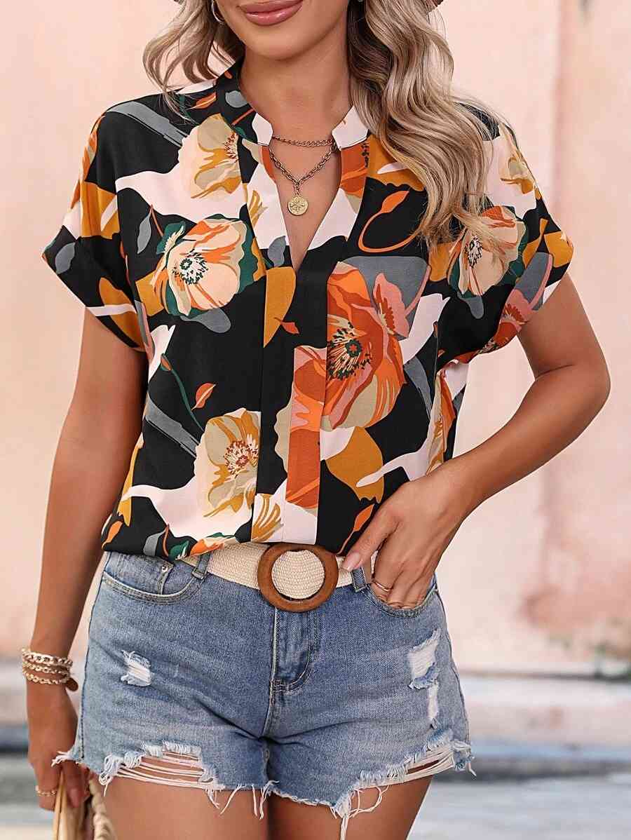 Printed Notched Neck Short Sleeve Blouse