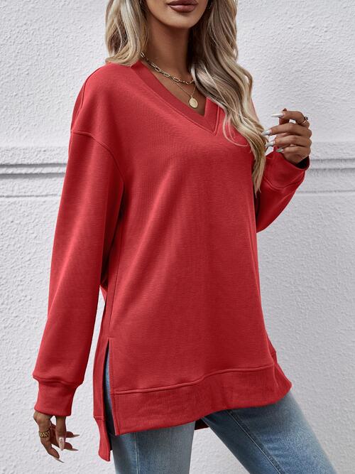 V-Neck Slit Long Sleeve Sweatshirt