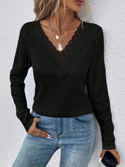 Waffle-Knit Lace Detail V-Neck Long Sleeve T-Shirt