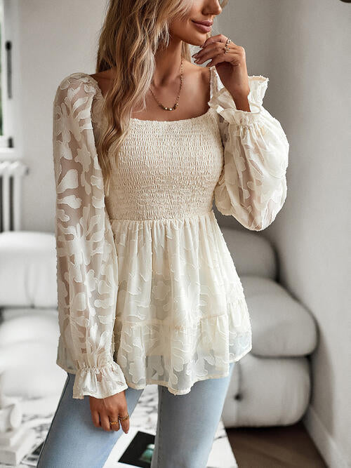 Smocked Flounce Sleeve Peplum Blouse