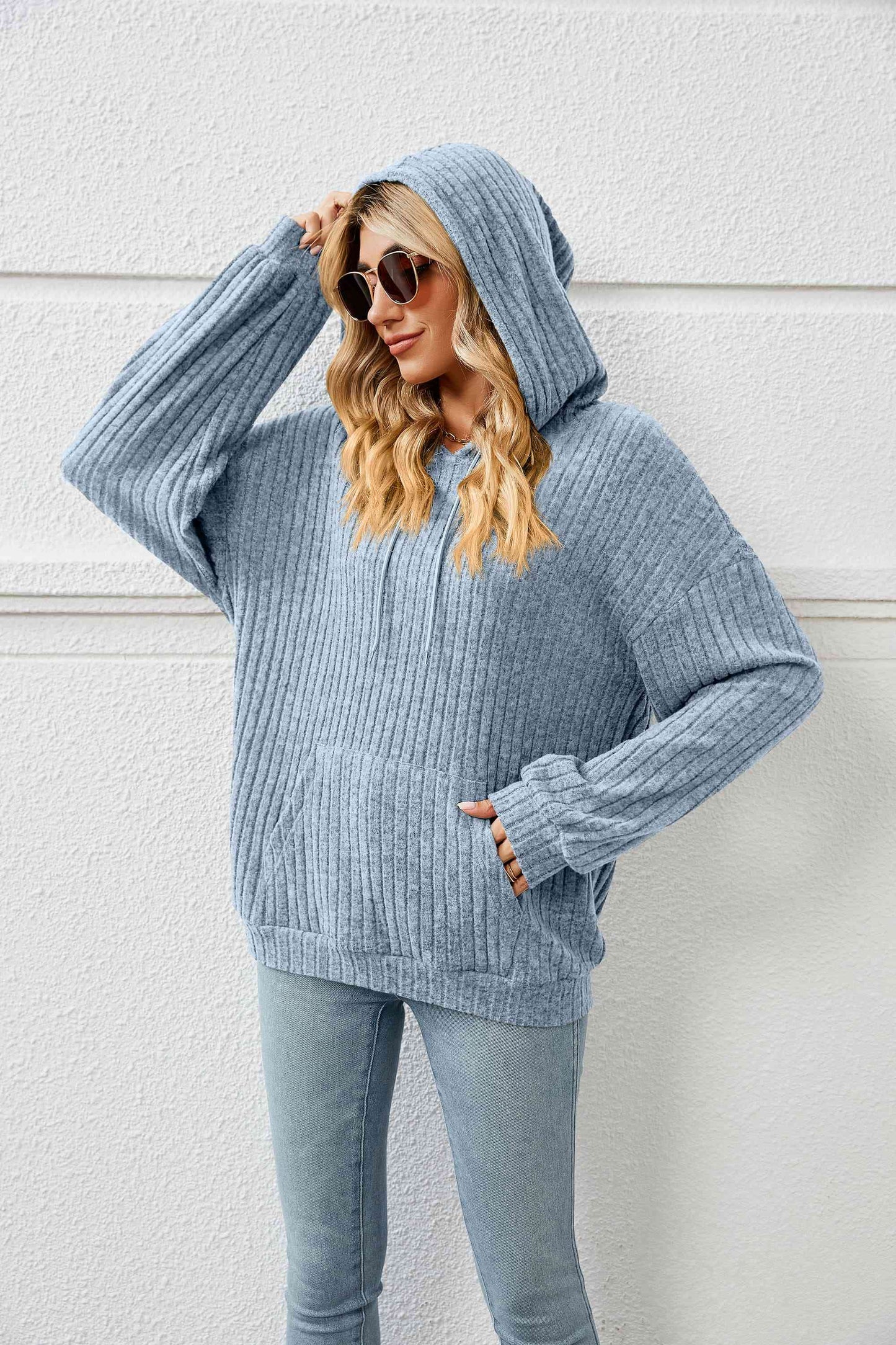 Drawstring Dropped Shoulder Ribbed Hoodie