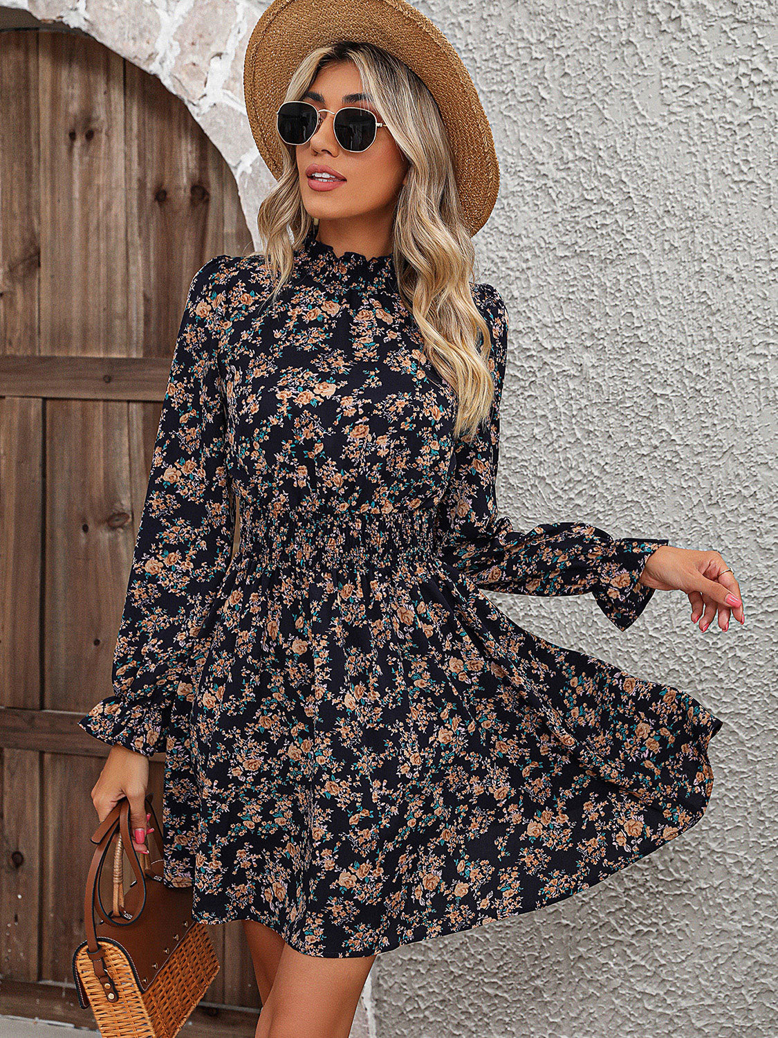 Mock Neck Flounce Sleeve Dress