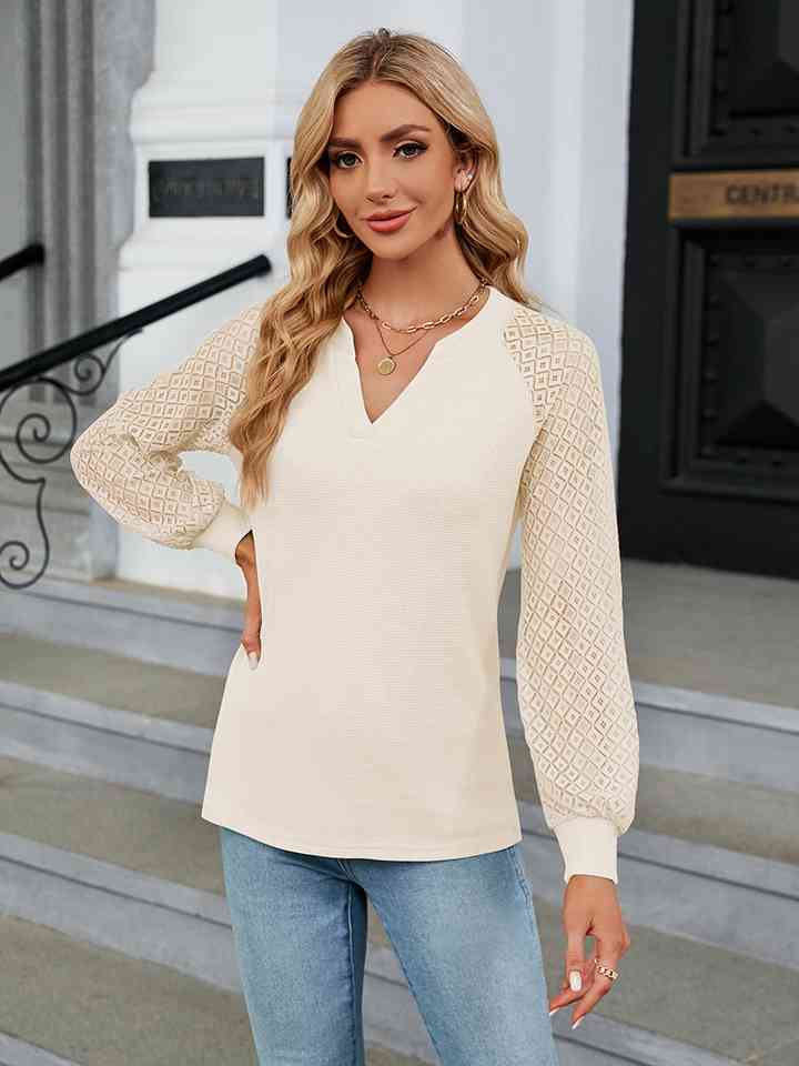 Notched Neck Long Sleeve Blouse