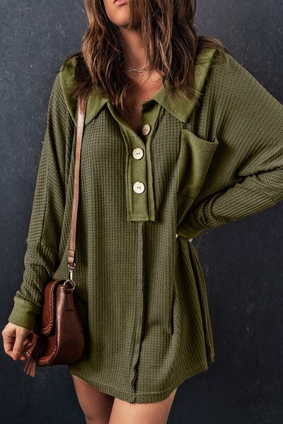 Waffle Knit Buttoned Long Sleeve Top with Breast Pocket