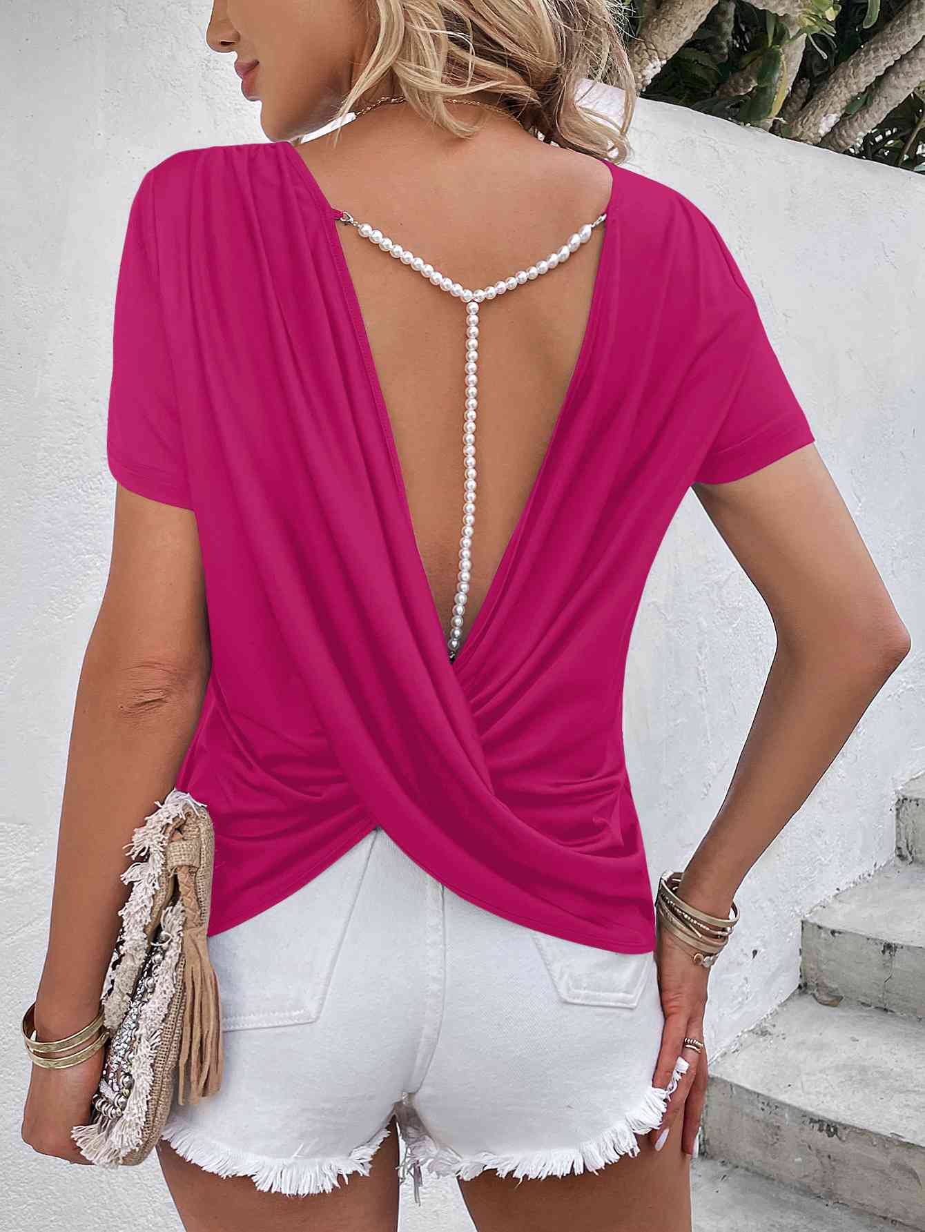 Beads Trim Back Twisted Blouse