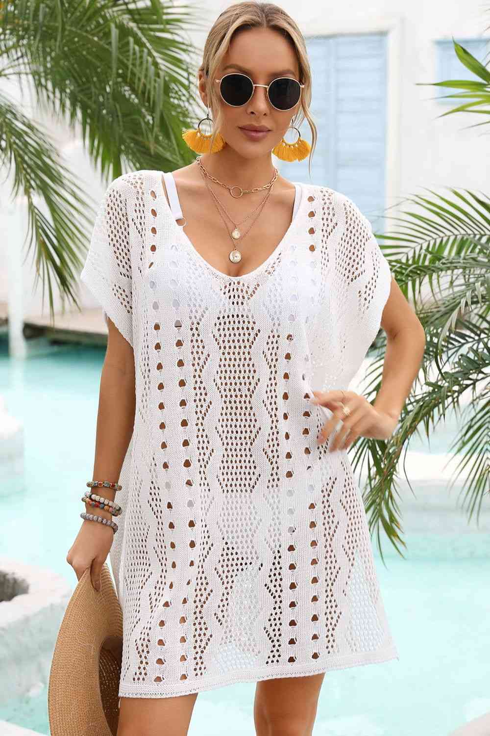 Openwork Plunge Dolman Sleeve Cover-Up Dress