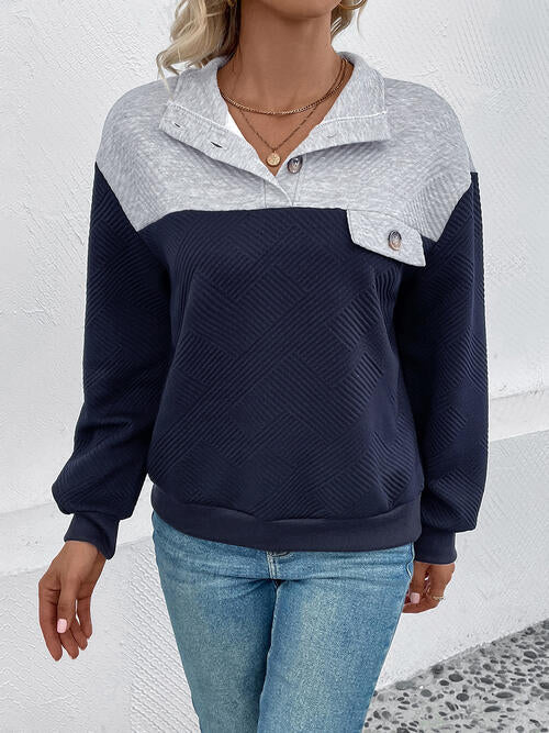 Textured Contrast Half Button Sweatshirt