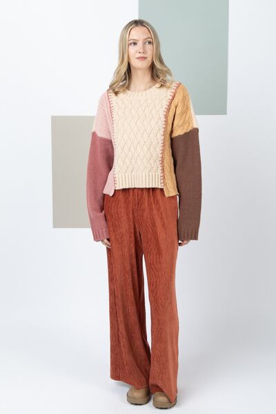 VERY J Color Block Cable Knit Long Sleeve Sweater