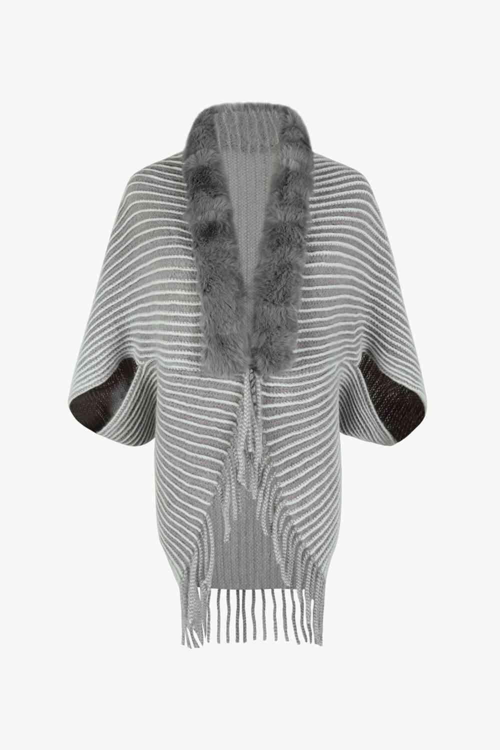 Striped Open Front Fringe Poncho