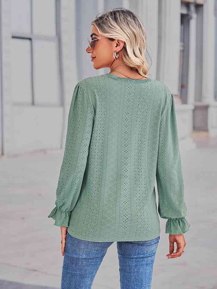 Eyelet V-Neck Flounce Sleeve Blouse