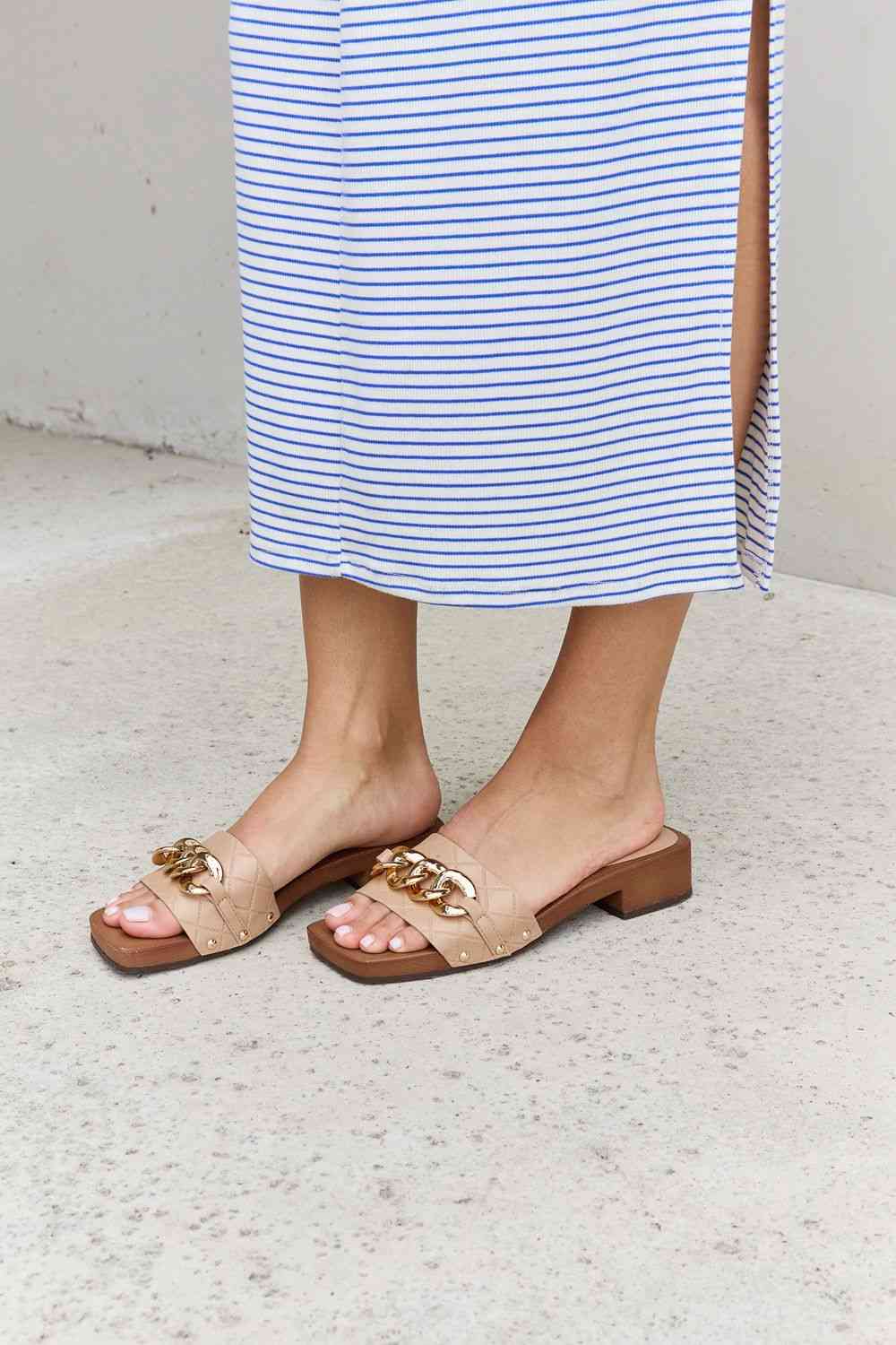 Forever Link Square Toe Chain Detail Clog Sandal in Tan