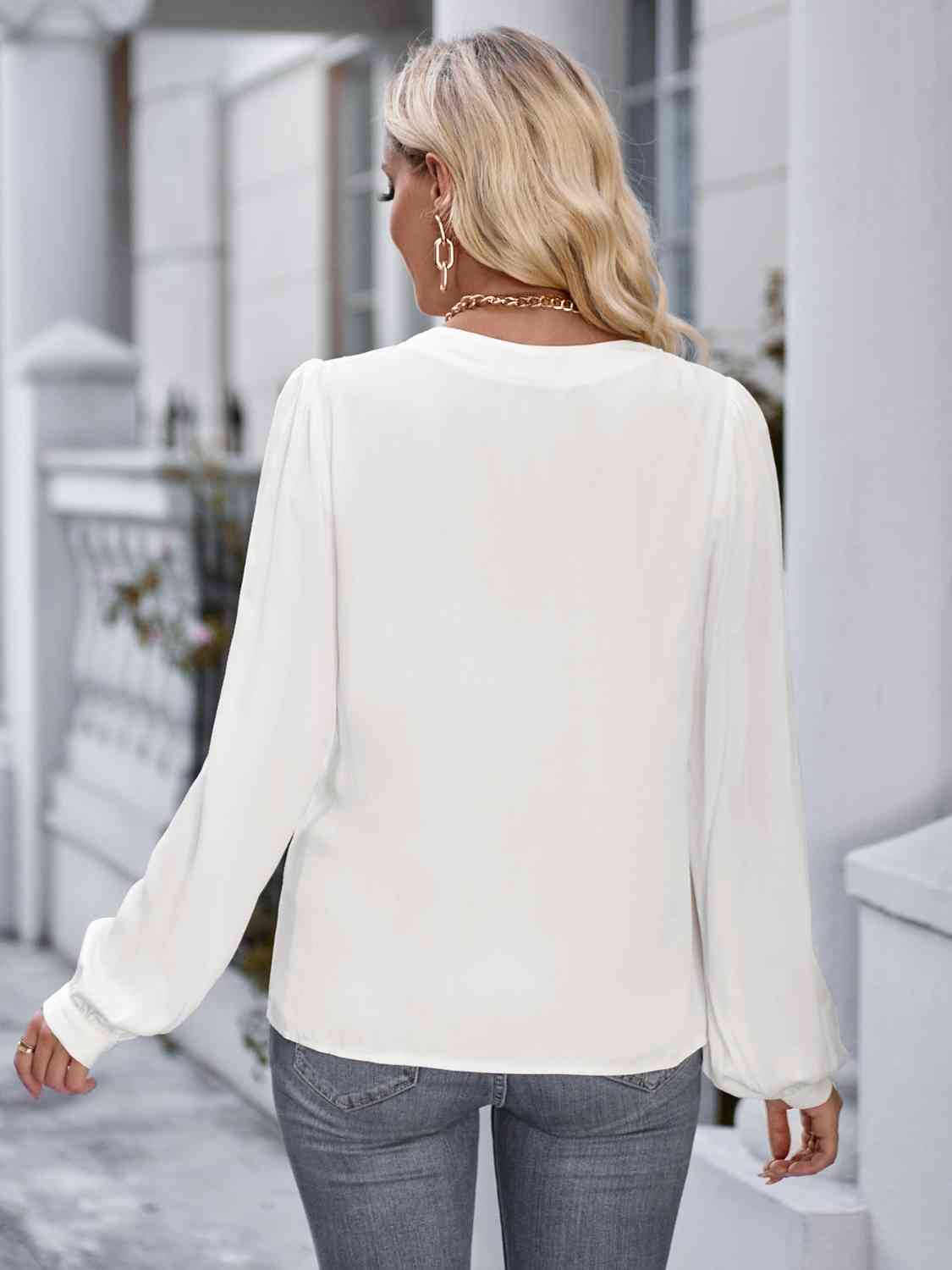 Notched Neck Puff Sleeve Blouse