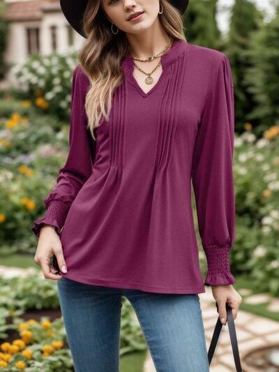 Notched Smocked Flounce Sleeve Blouse