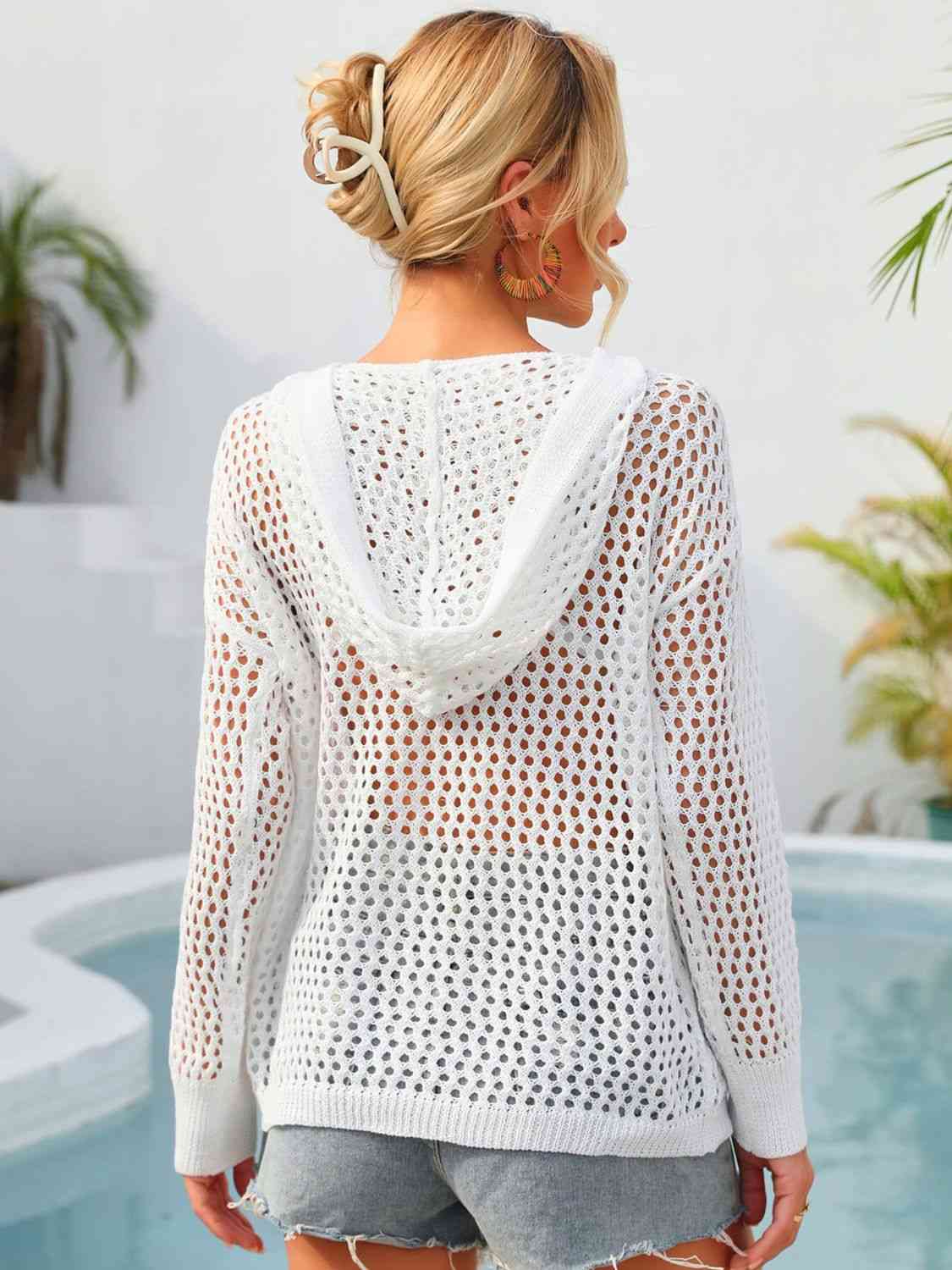 Flower Graphic Lace-Up Openwork Hooded Cover Up