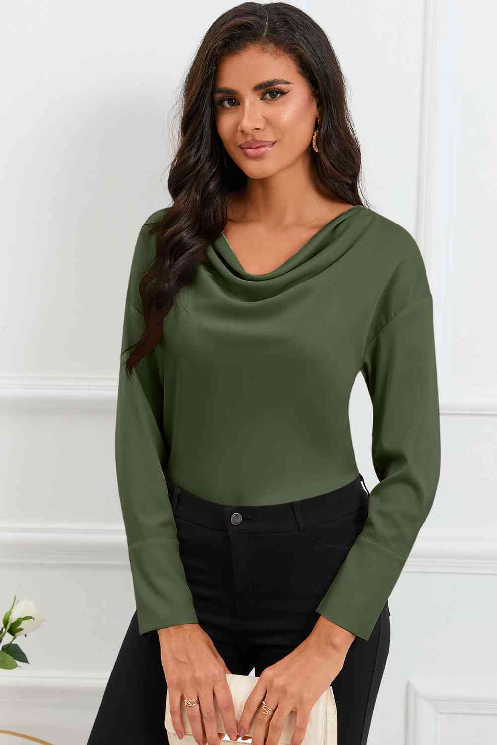 Cowl Neck Dropped Shoulder Long Sleeve Back Tie Blouse