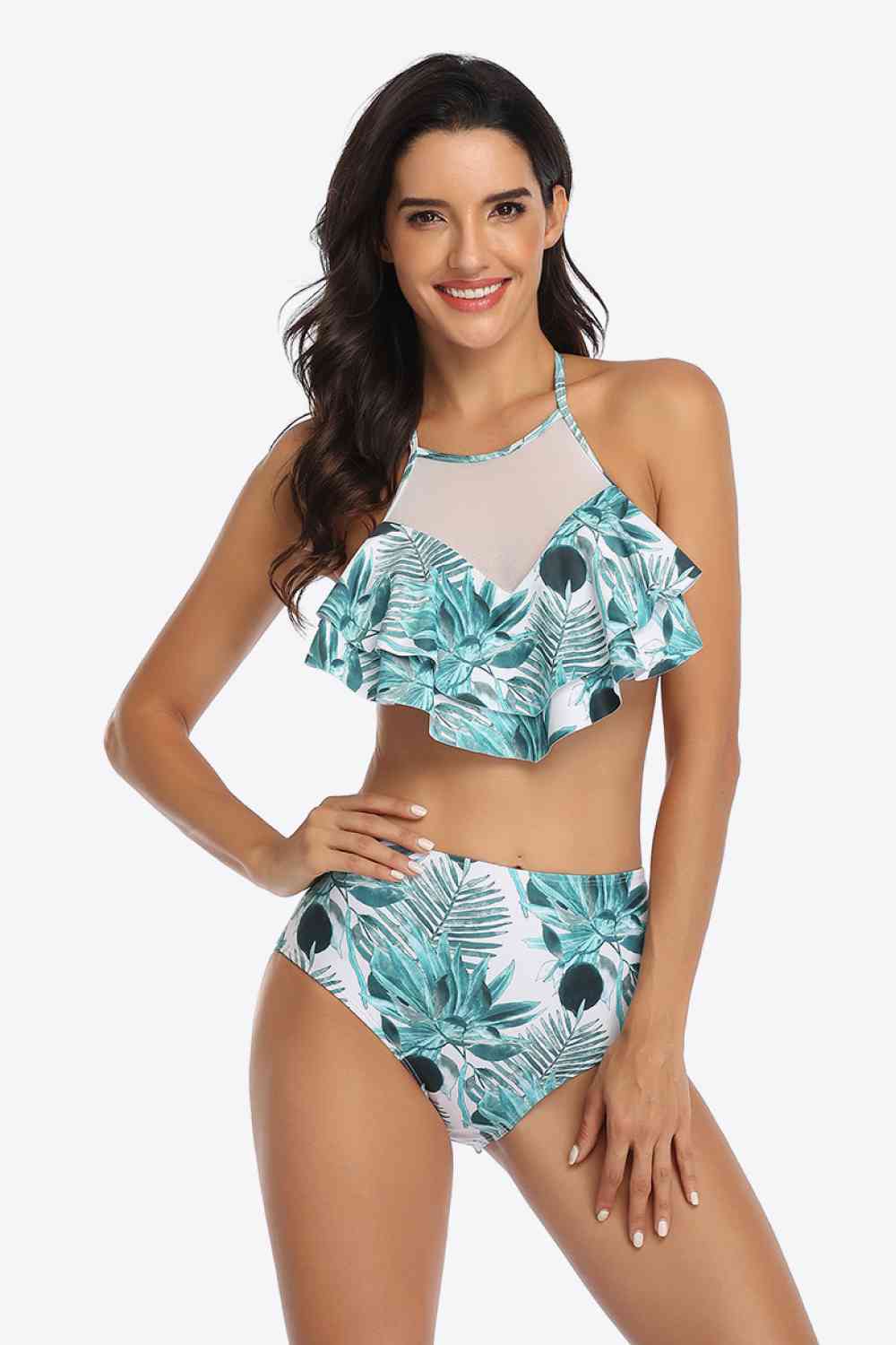 Tropical Print Ruffled Two-Piece Swimsuit