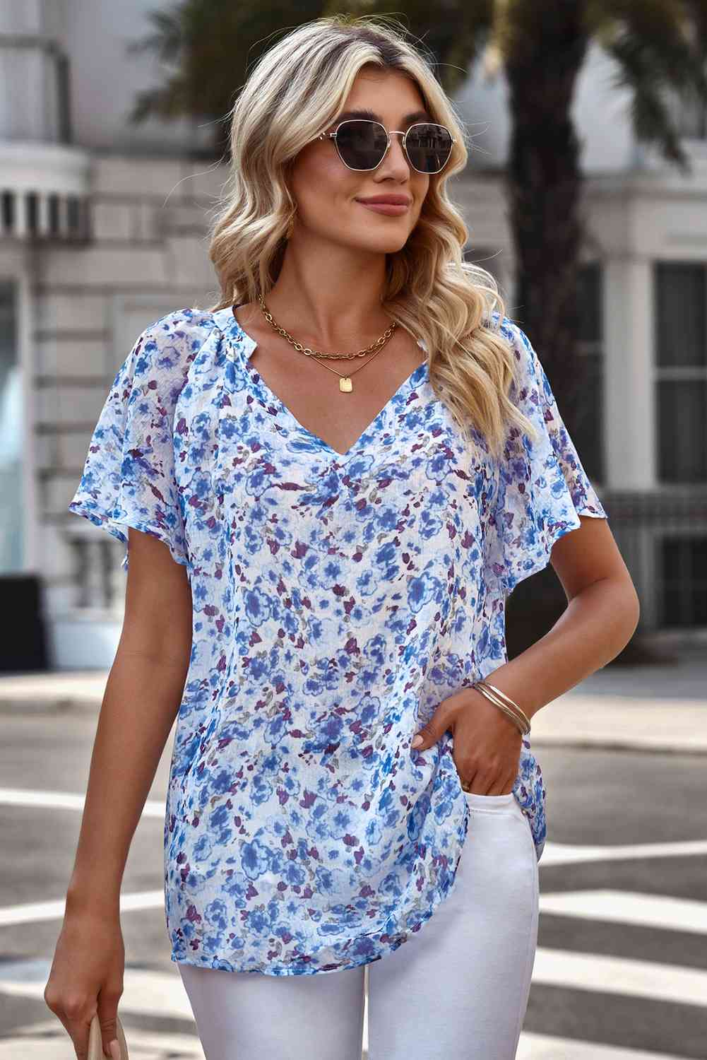 Floral Notched Neck Flutter Sleeve Blouse