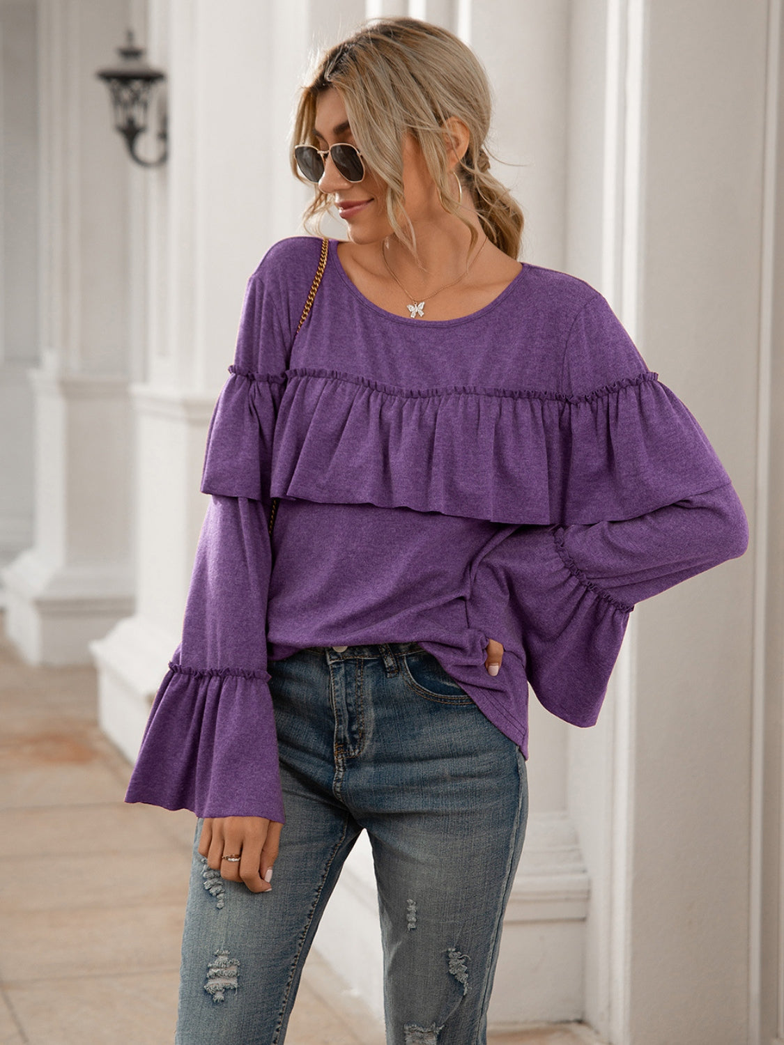 Round Neck Flare Sleeve Top