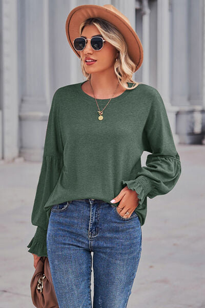 Round Neck Flounce Sleeve Blouse