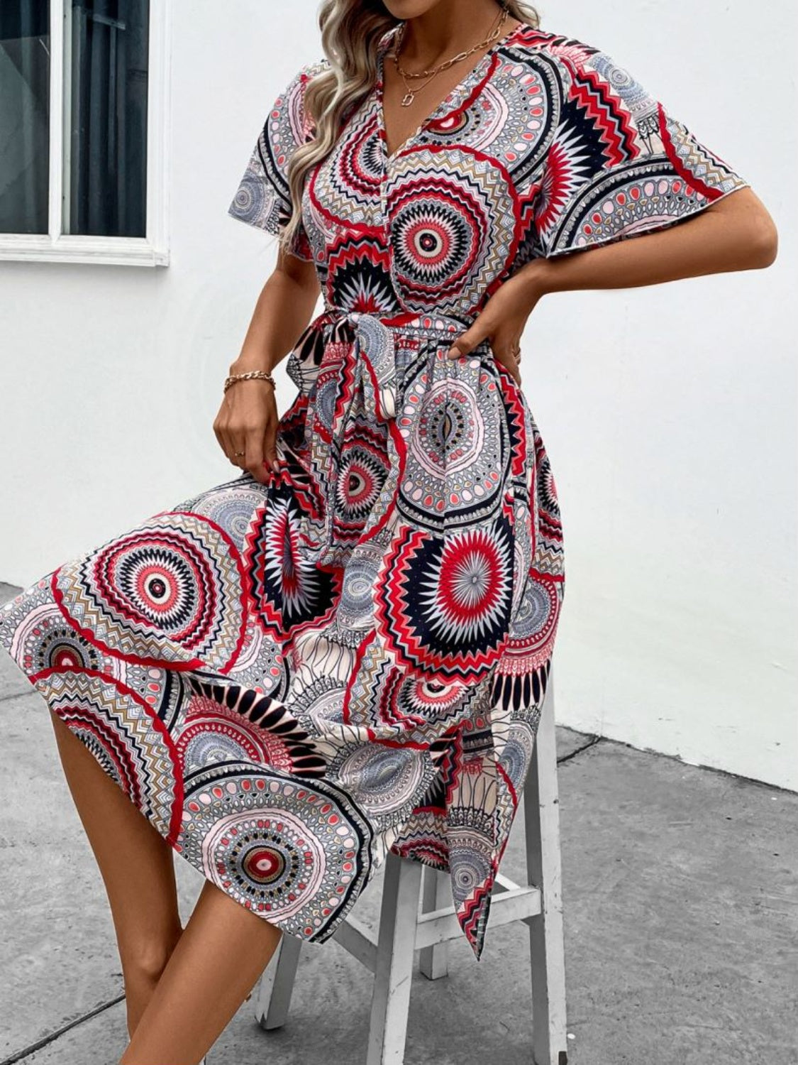 Slit Tied Printed Surplice Dress