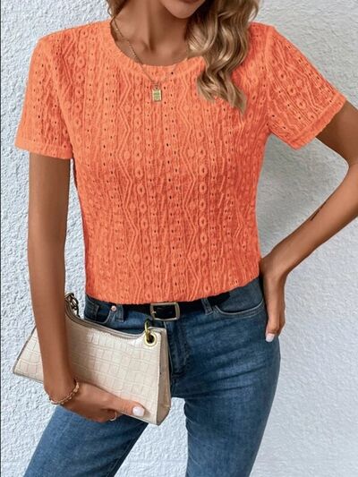 Eyelet Round Neck Short Sleeve T-Shirt