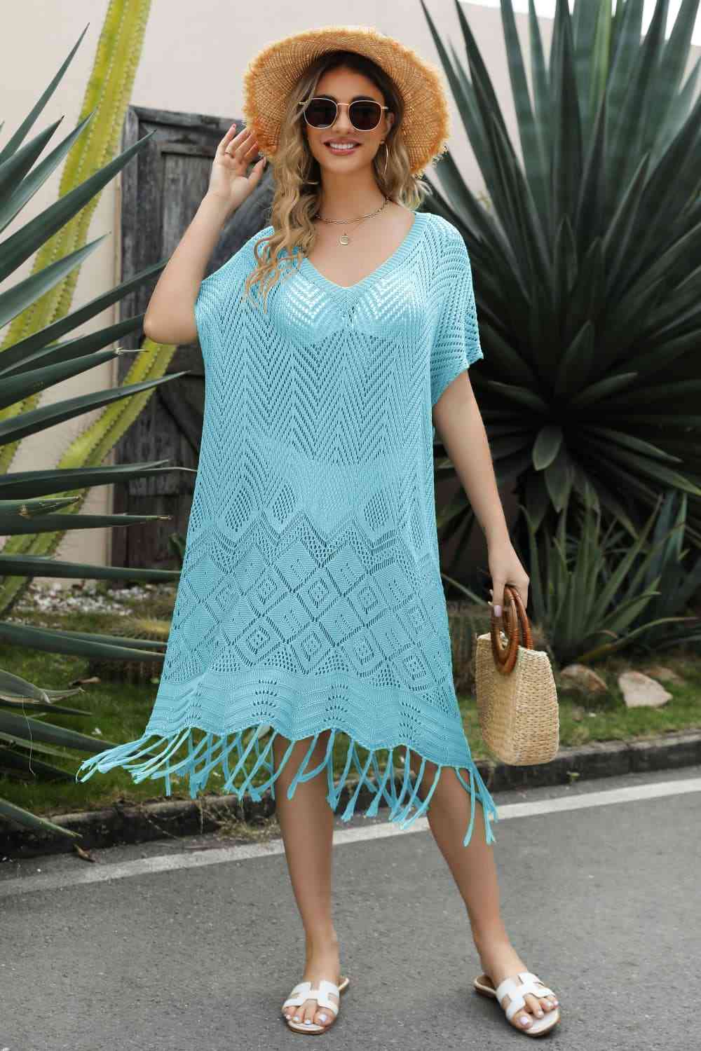 V-Neck Short Sleeve Fringe Hem Knit Dress