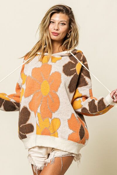 BiBi Flower Pattern Drawstring Hooded Sweater