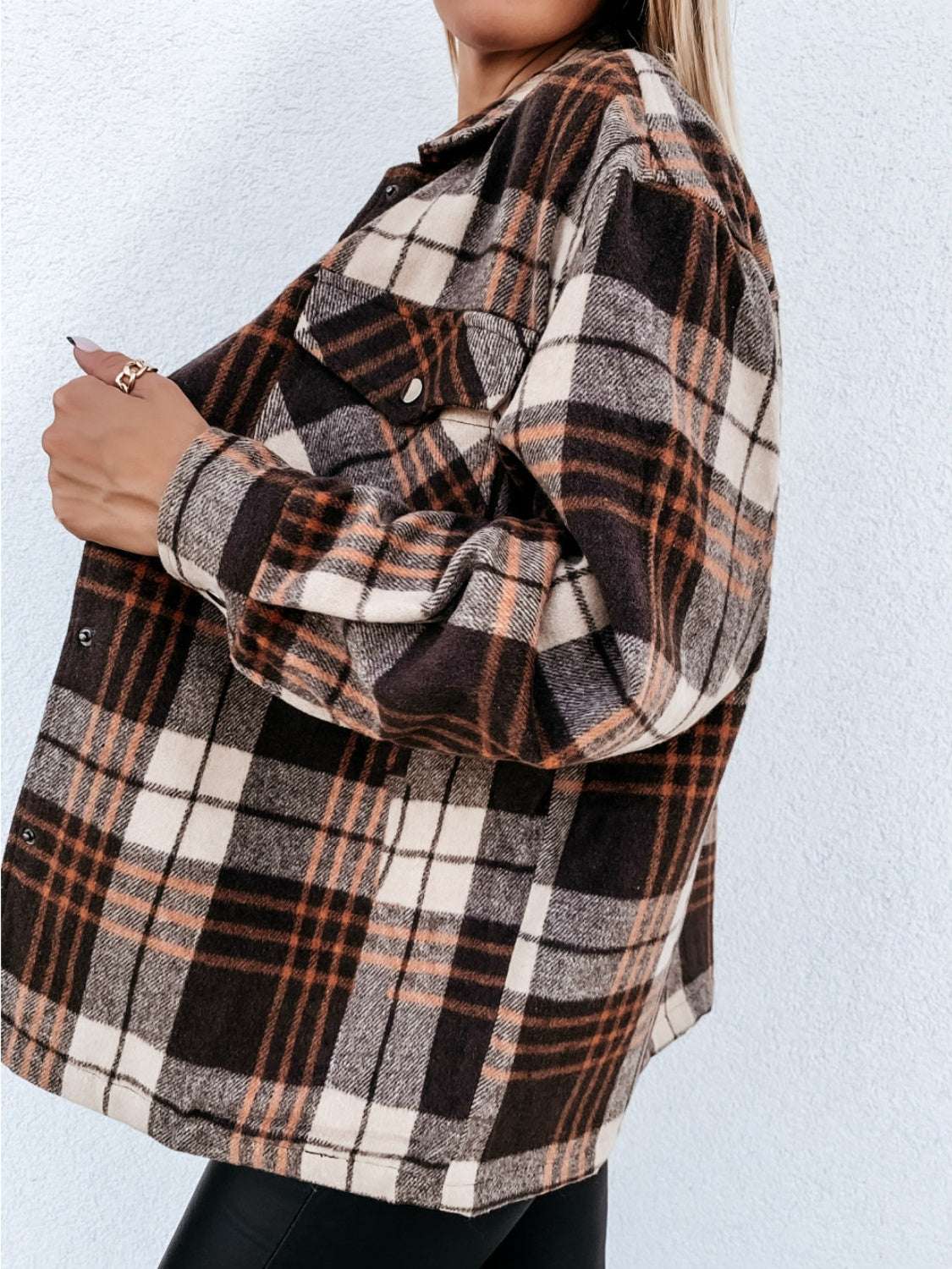 Pocketed Plaid Snap Down Dropped Shoulder Jacket