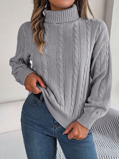 Cable-Knit Turtleneck Dropped Shoulder Sweater