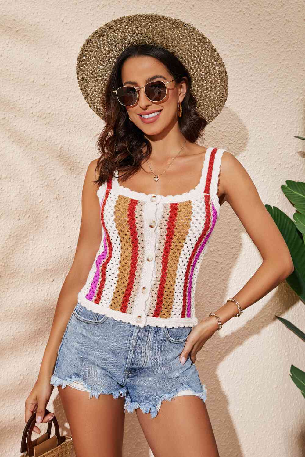 Striped Scalloped Trim Knit Tank